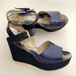 AGL 👡 PLATFORM WEDGE SANDALS denim and NAVY patent leather with wide strap
